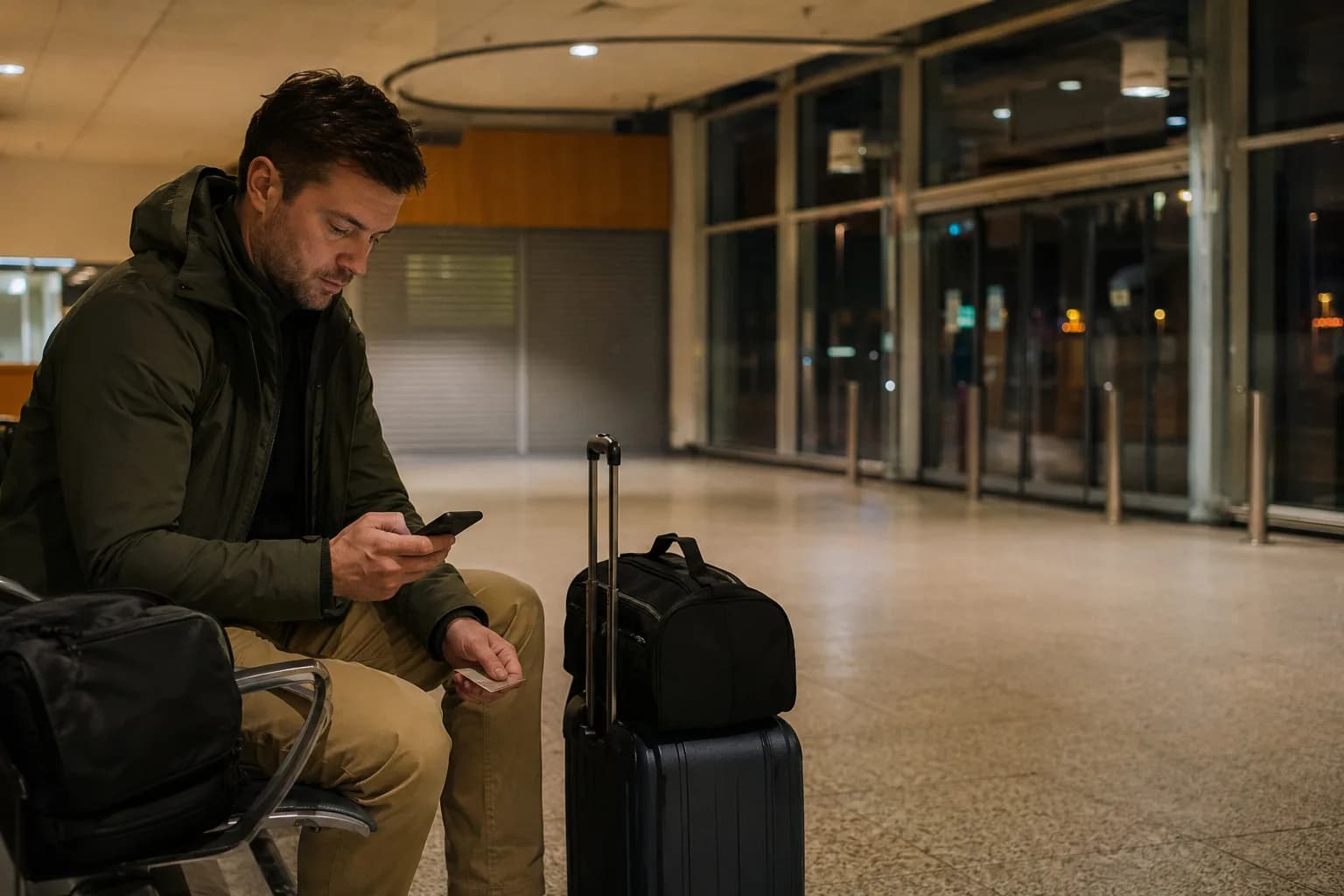 Traveller arranging onward transport in the Inverness Airport arrivals area late at night