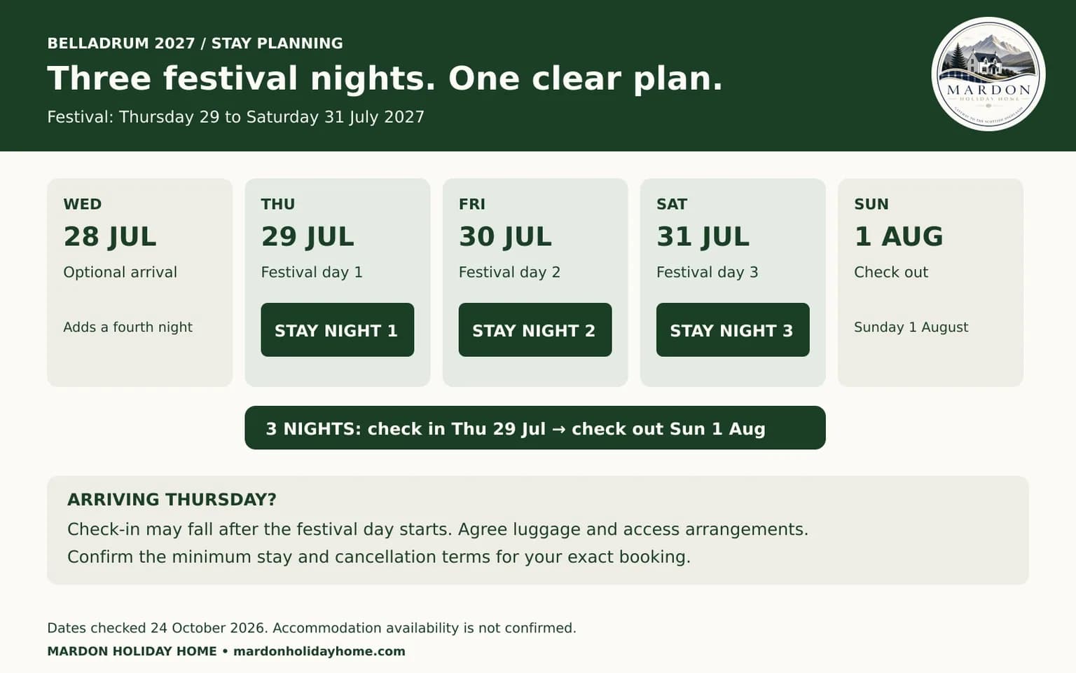 Calendar graphic showing the Belladrum 2027 festival dates, three accommodation nights and an optional Wednesday arrival, by Mardon Holiday Home near Inverness