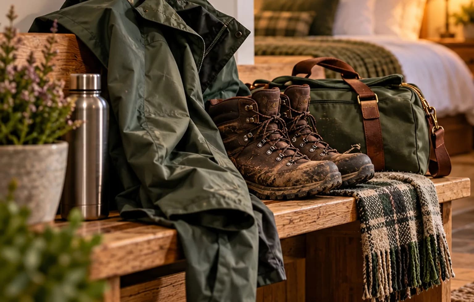 Illustrated rain jacket, muddy walking boots and travel bag beside a made bed, for Belladrum 2027 accommodation planning from Mardon Holiday Home near Inverness