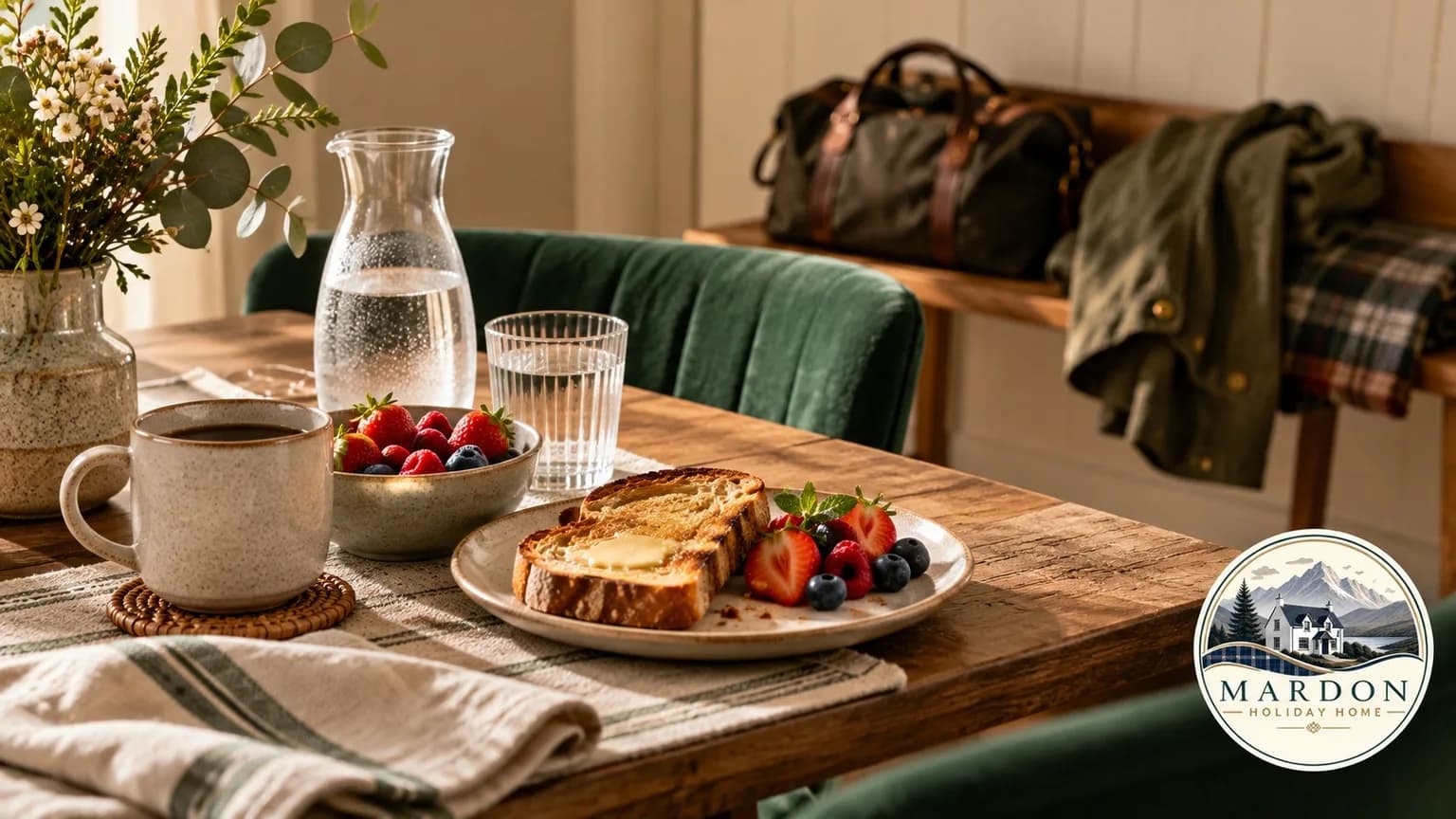 Illustrated self-catering breakfast of toast, berries and coffee with a festival bag on a bench, from Mardon Holiday Home's Belladrum stay guide near Inverness