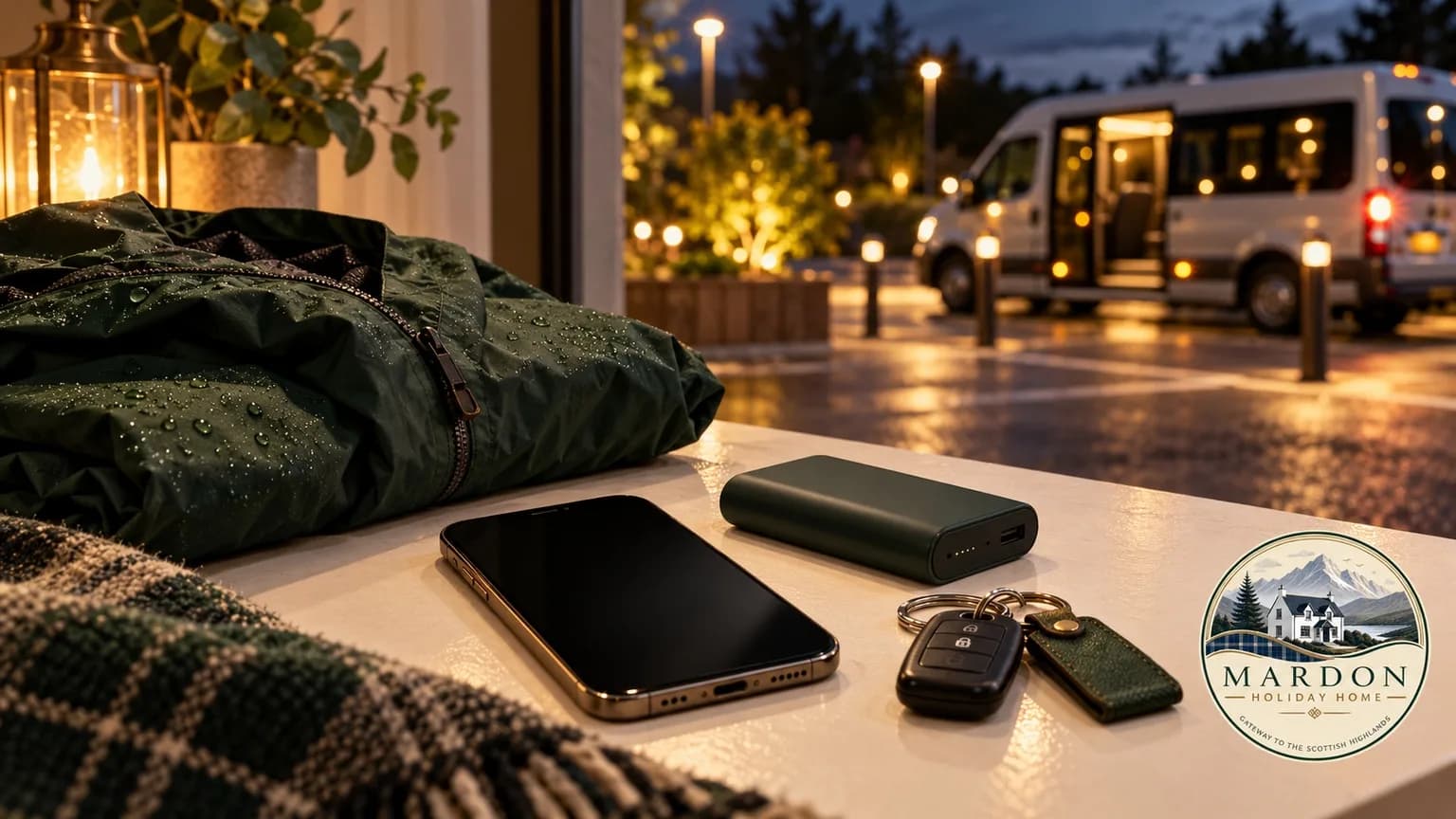 Illustrated phone, power bank, car keys and rain jacket with a minibus in a lit pickup area, from Mardon Holiday Home's guide to getting back from Belladrum near Inverness