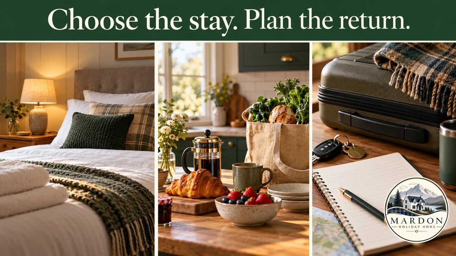 Illustrated panels of a guesthouse bedroom, a self-catering breakfast kitchen and travel planning essentials, from Mardon Holiday Home's Belladrum accommodation guide near Inverness