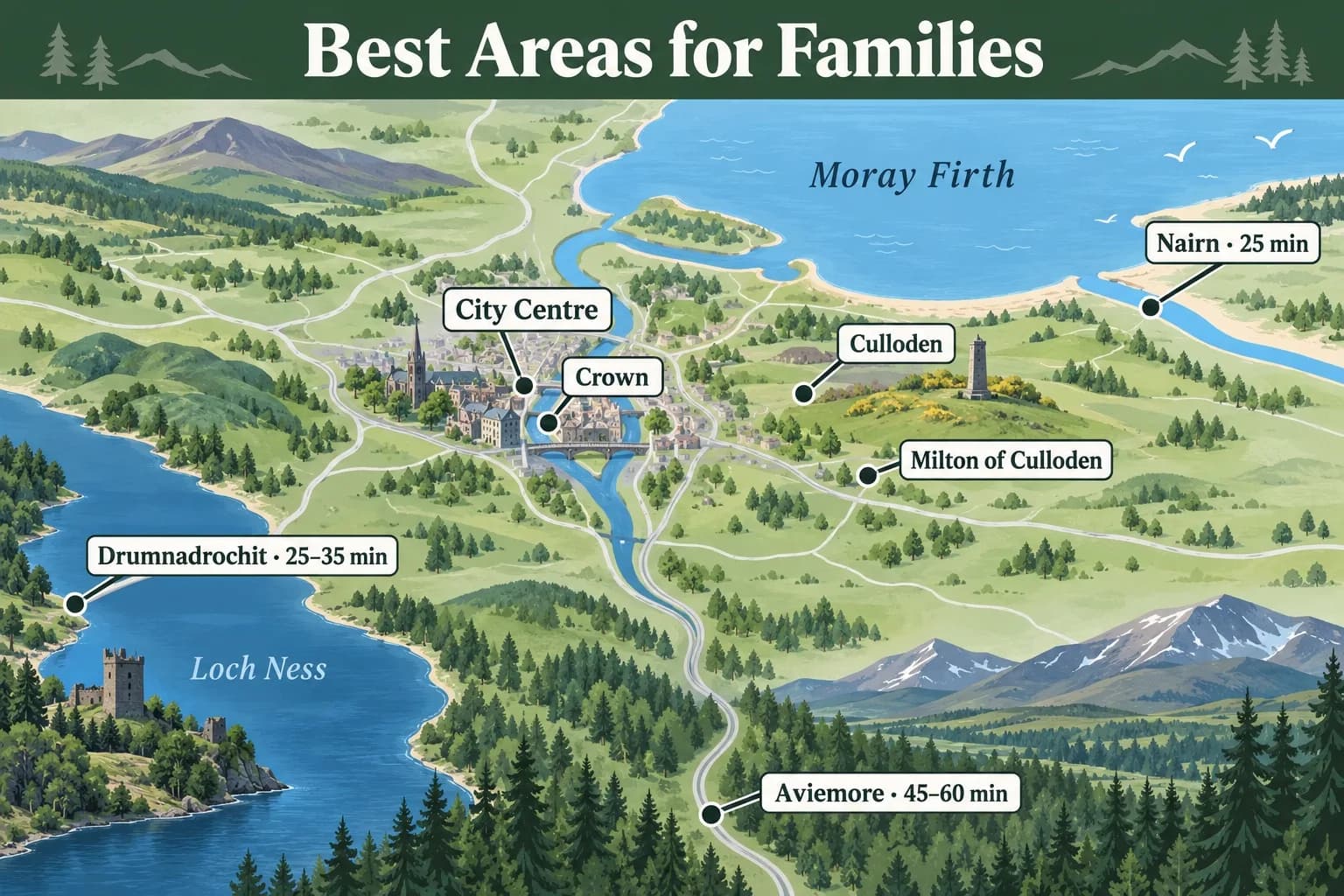 Illustrated map of the best areas to stay in Inverness with children, showing the city centre, Crown, Culloden, Milton of Culloden, Nairn, Drumnadrochit and Aviemore with drive times