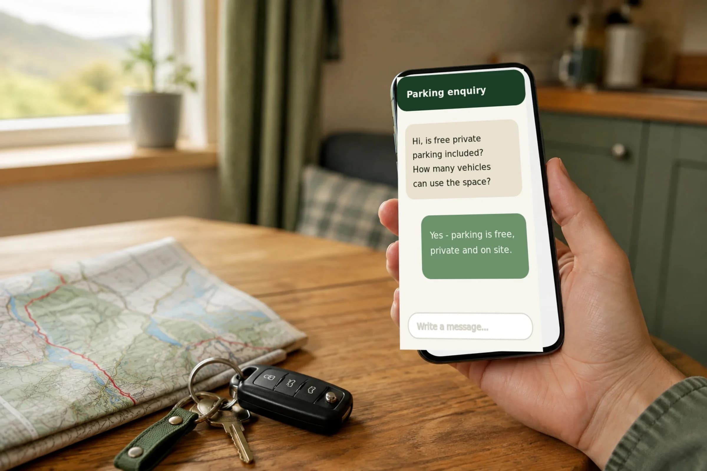 Messaging an Inverness accommodation host to confirm free parking