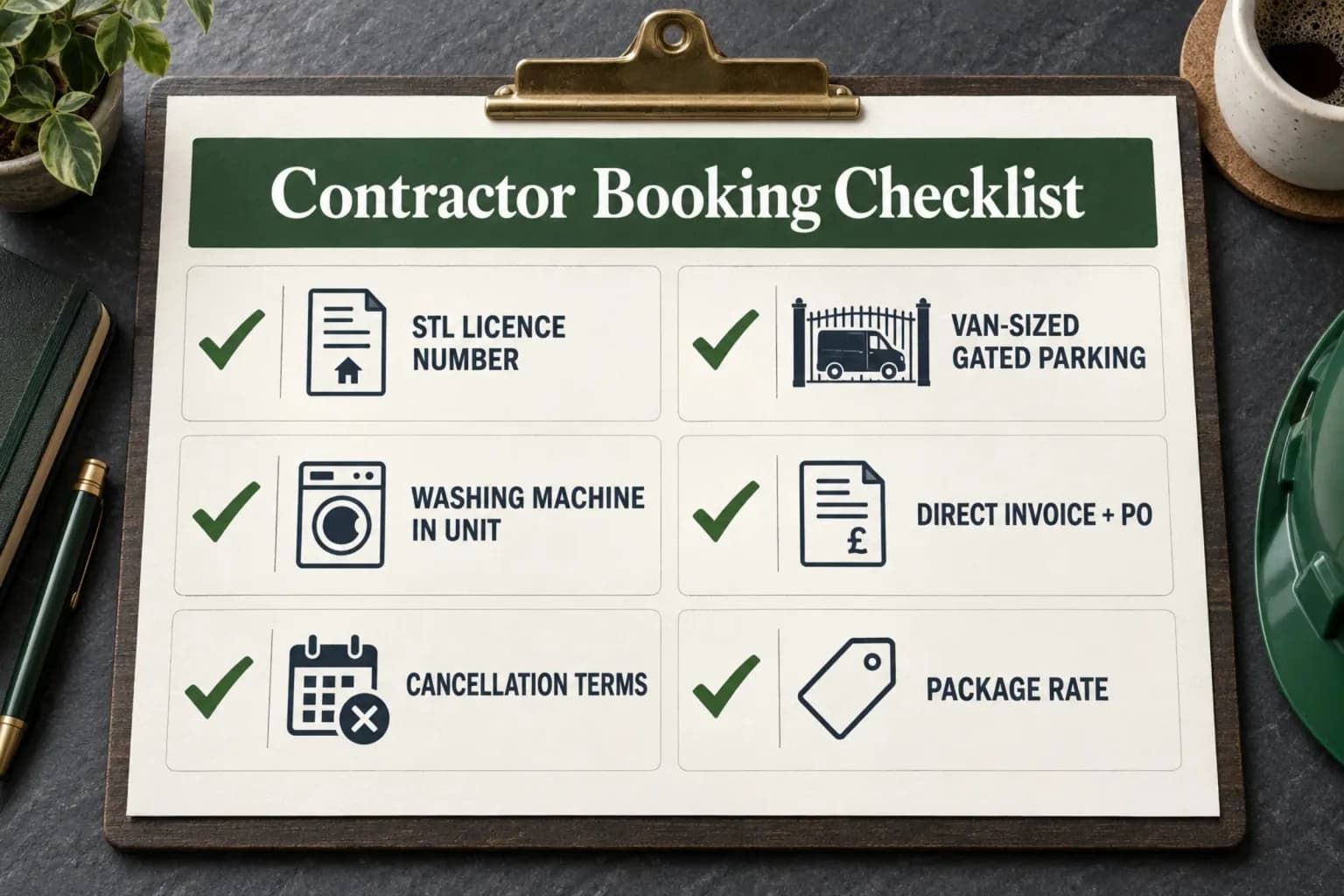 Pre-booking checklist for contractor accommodation near Inverness with licence number, parking and invoice fields ticked, Mardon Holiday Home