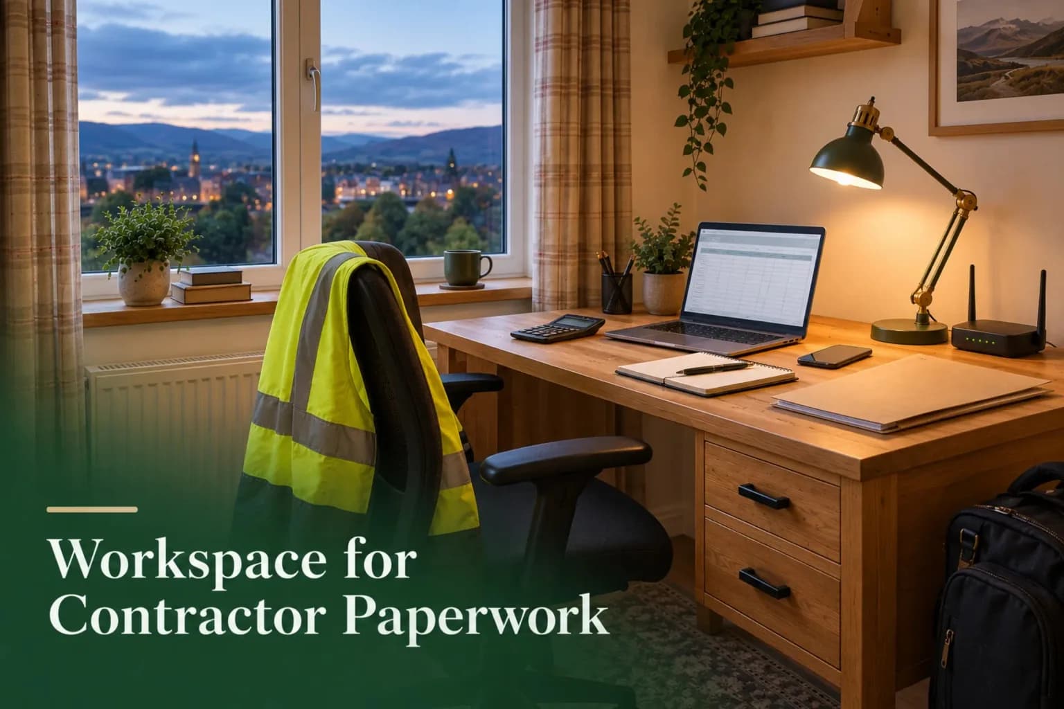 Desk with laptop and Wi-Fi router used for contractor paperwork in a self-catering unit at Mardon Holiday Home near Inverness