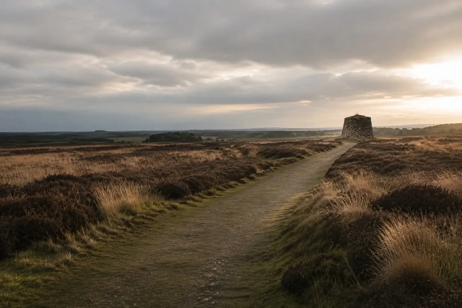 Culloden Battlefield under low winter light with no visitors on the path
