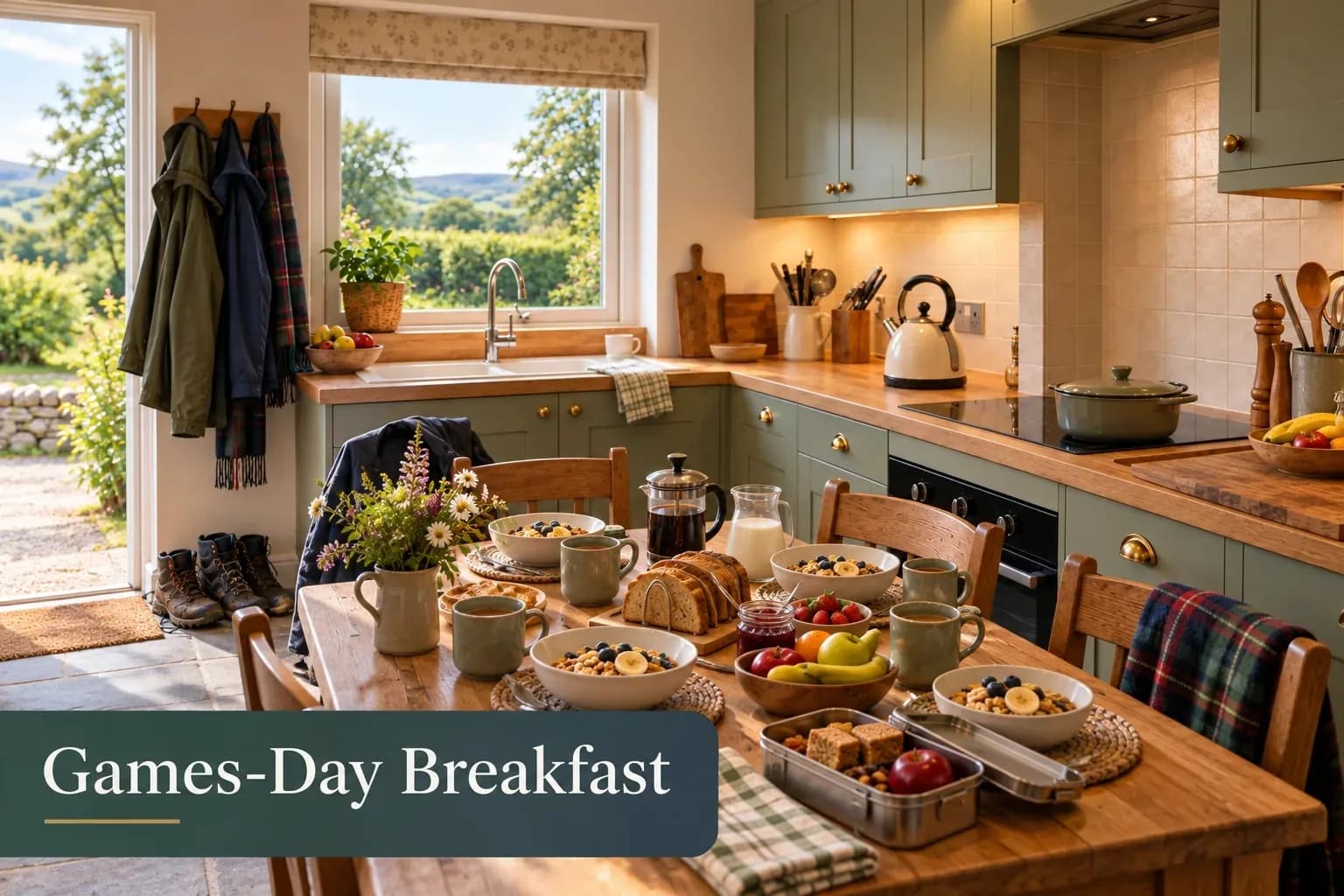 Breakfast table set in a self-catering kitchen with waterproof jackets by the door before the Inverness Highland Games, a Mardon Holiday Home guide