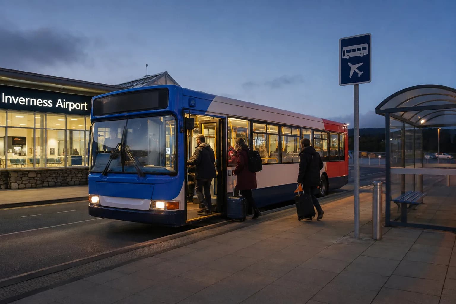 Passengers boarding an evening bus into the city at the Inverness Airport stop