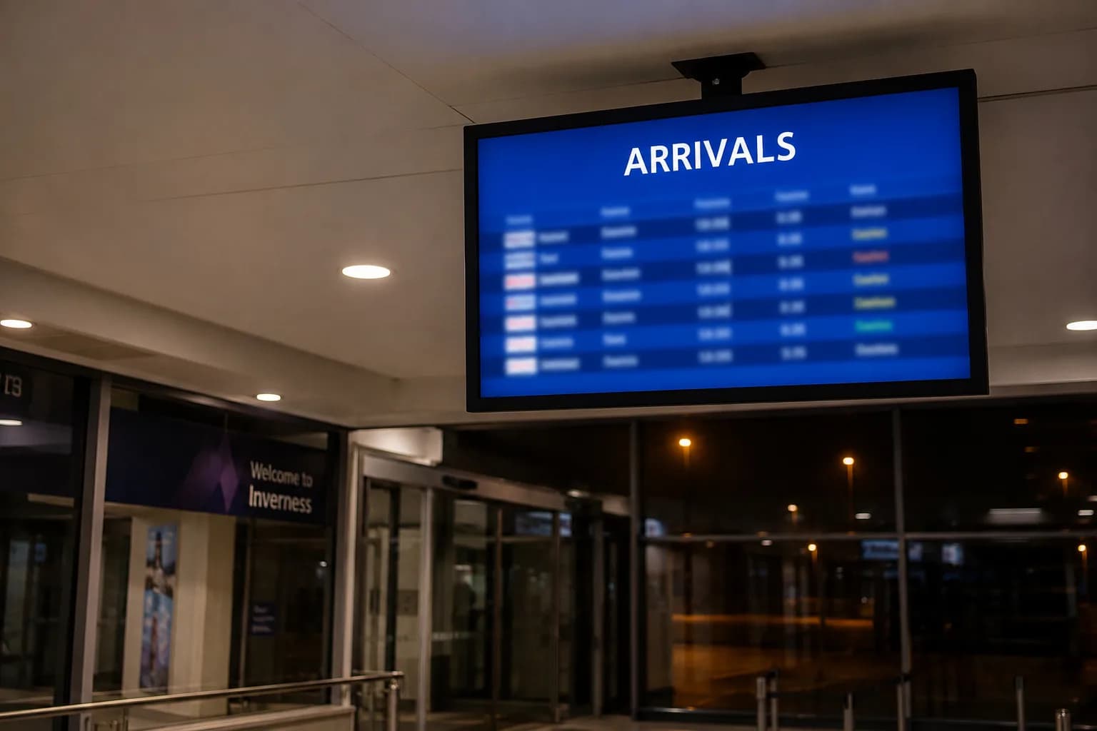 Arrivals board inside Inverness Airport terminal showing the evening flights