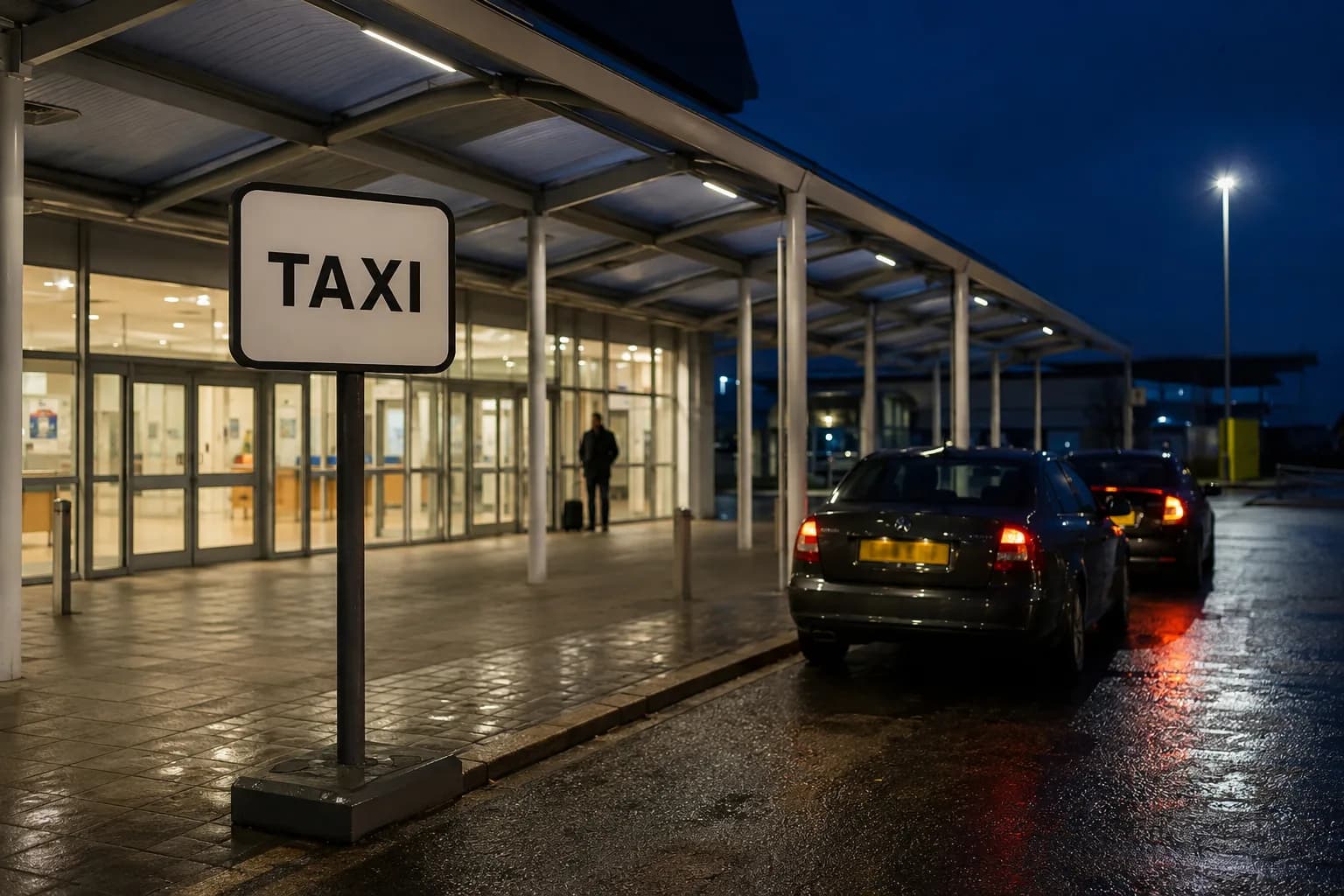 Taxi rank outside Inverness Airport terminal at night, about fifteen minutes from Mardon Holiday Home in Milton of Culloden