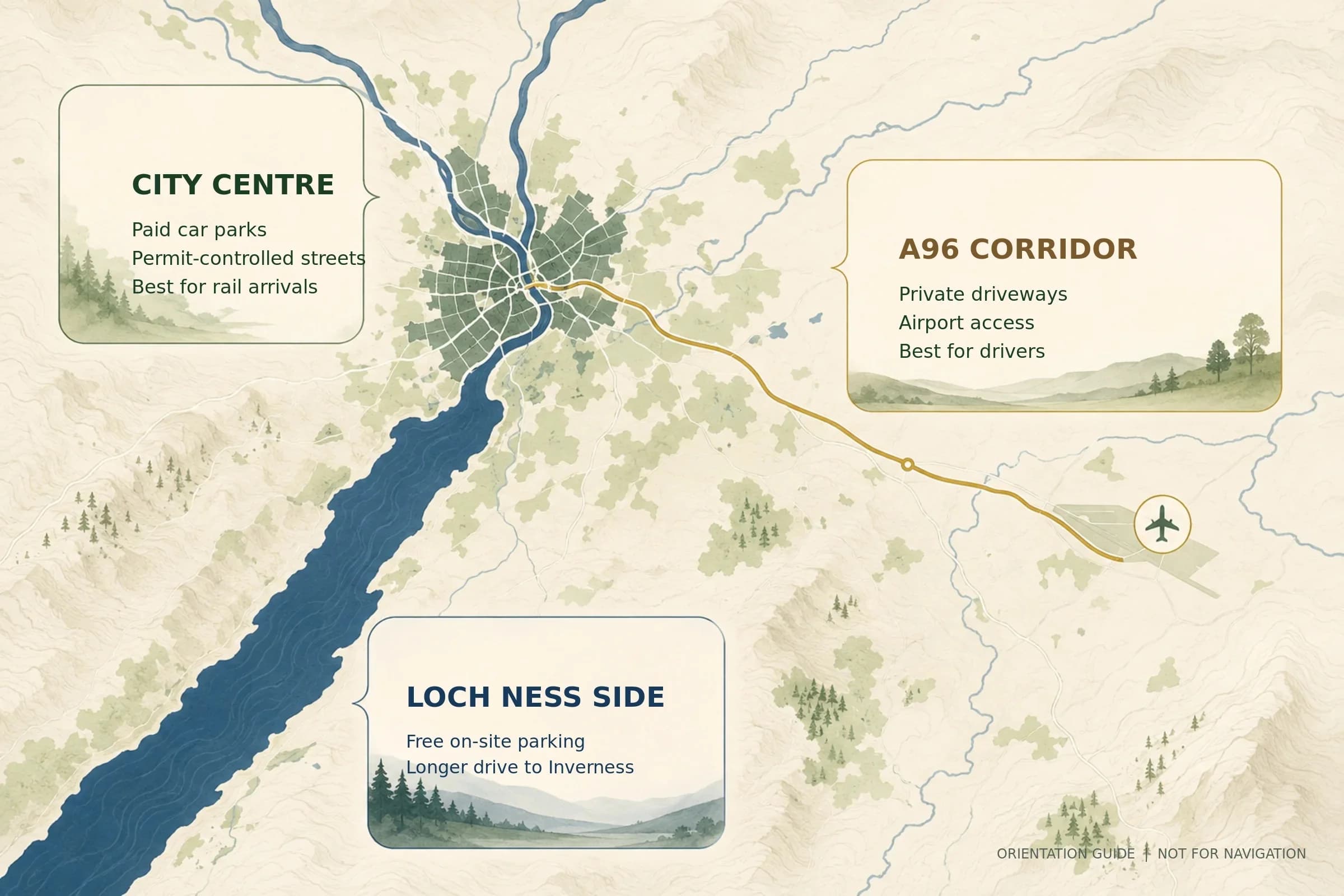 Map of Inverness areas with free parking accommodation