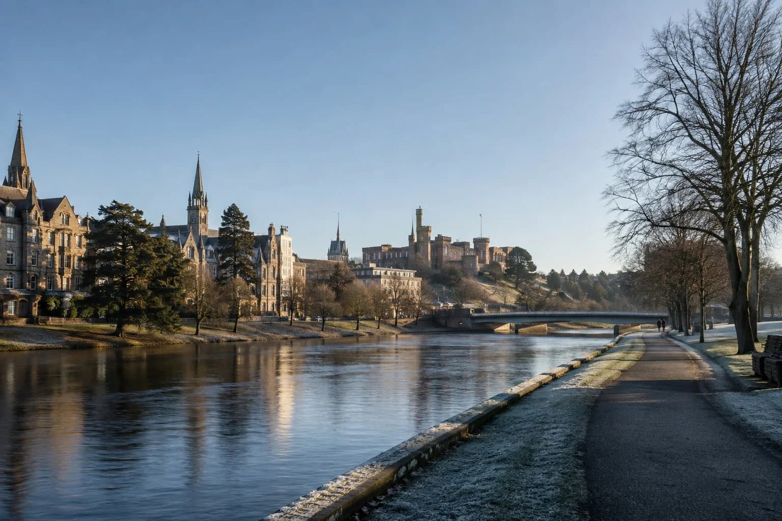The River Ness and Inverness Castle on a clear cold morning, the off season near Mardon Holiday Home