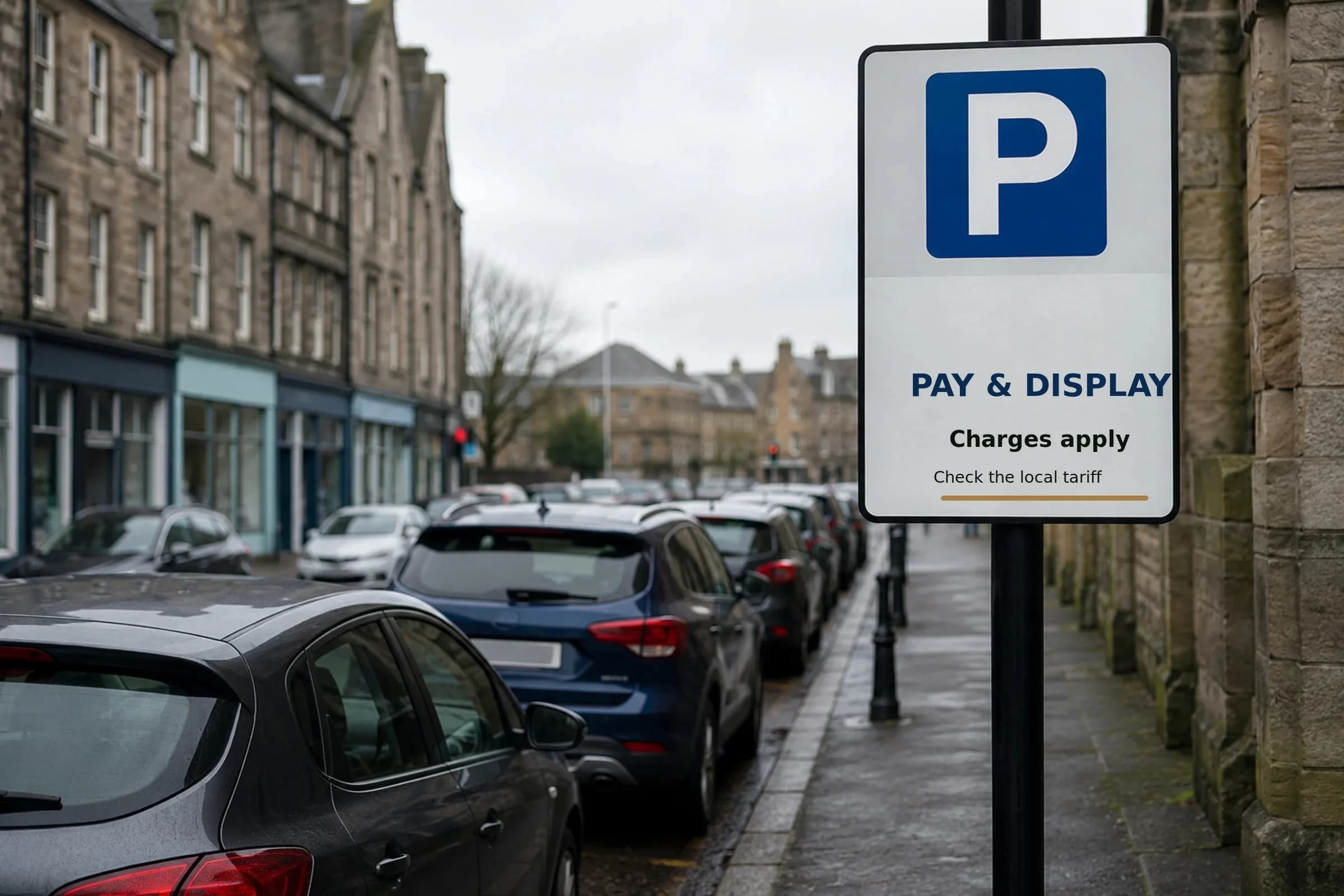 Pay and display street parking sign in Inverness city centre