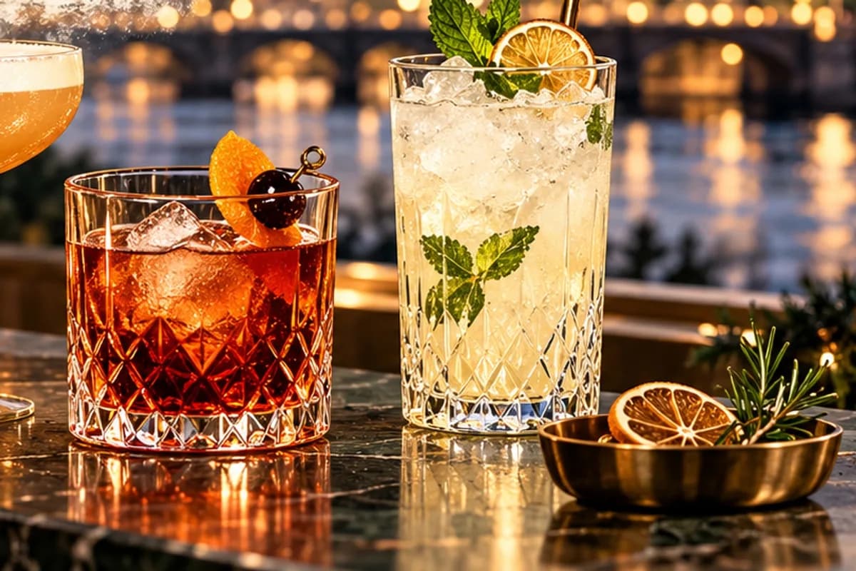 Three illustrated cocktails with the River Ness and Inverness lights behind, for Inverness Cocktail Week 2027 planning from Mardon Holiday Home near Inverness