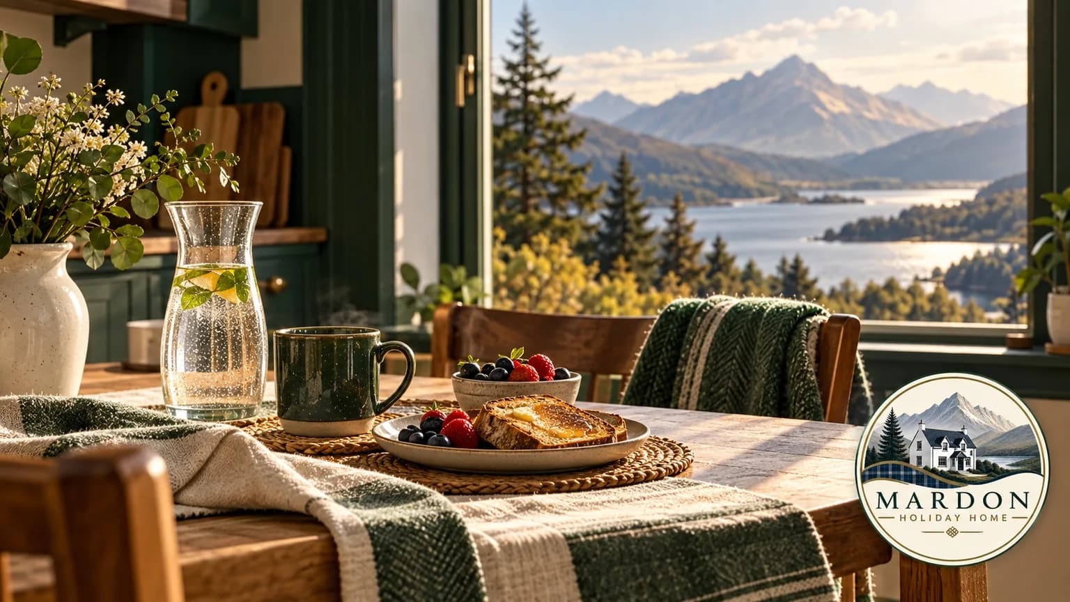 Illustrated breakfast table with toast, berries, water and a mug beside a window with a Highland view, for a slow morning from Mardon Holiday Home