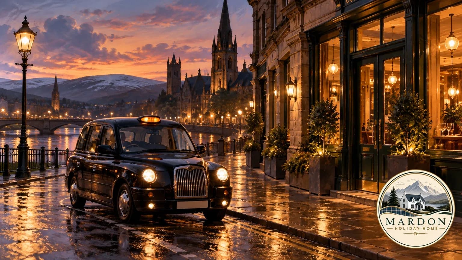 Illustrated black taxi waiting outside a lit restaurant beside the River Ness on a winter evening in Inverness, from Mardon Holiday Home