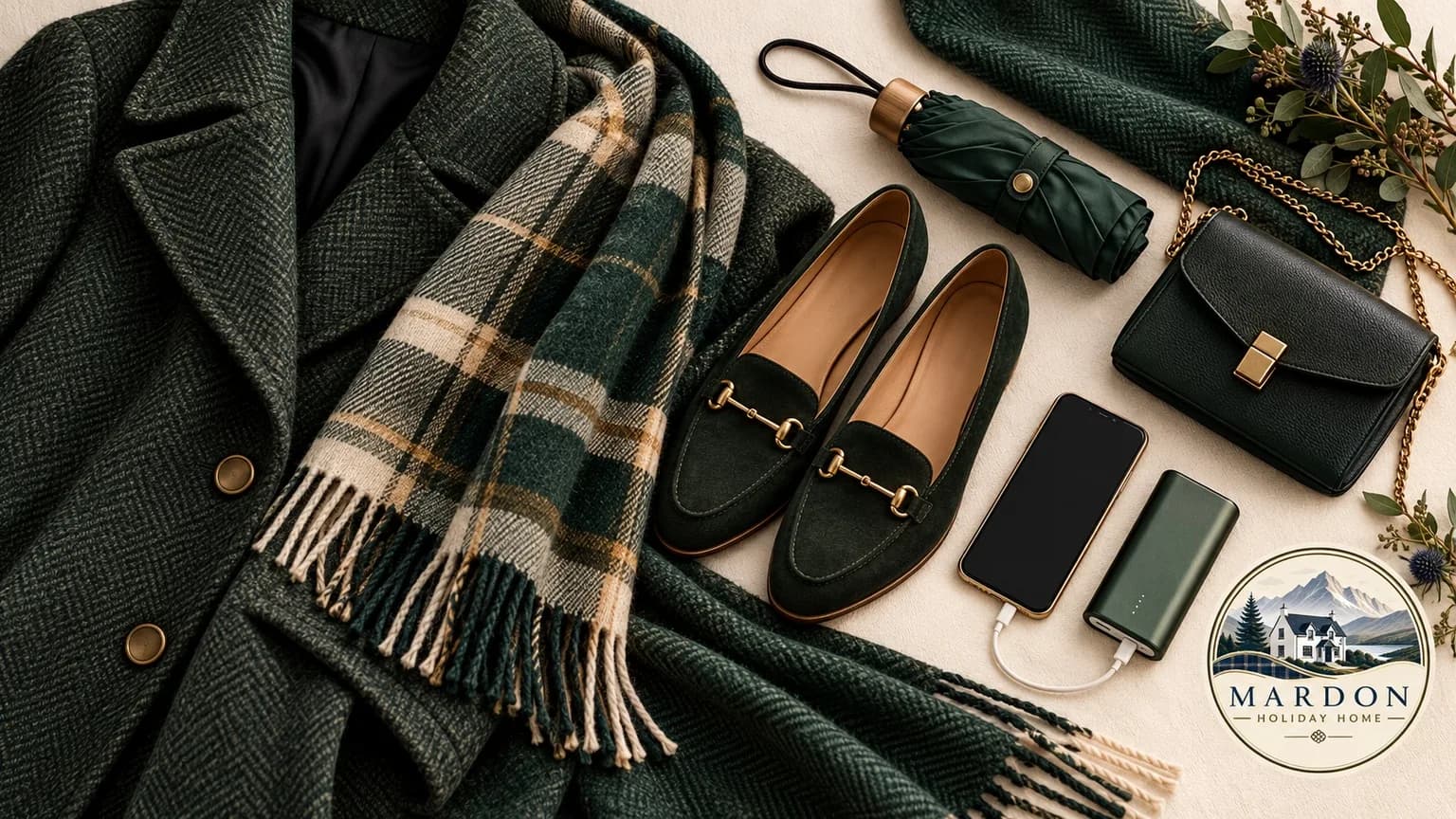 Flat lay of a wool coat, tartan scarf, flat shoes, umbrella, phone and power bank for a winter evening out in Inverness, by Mardon Holiday Home