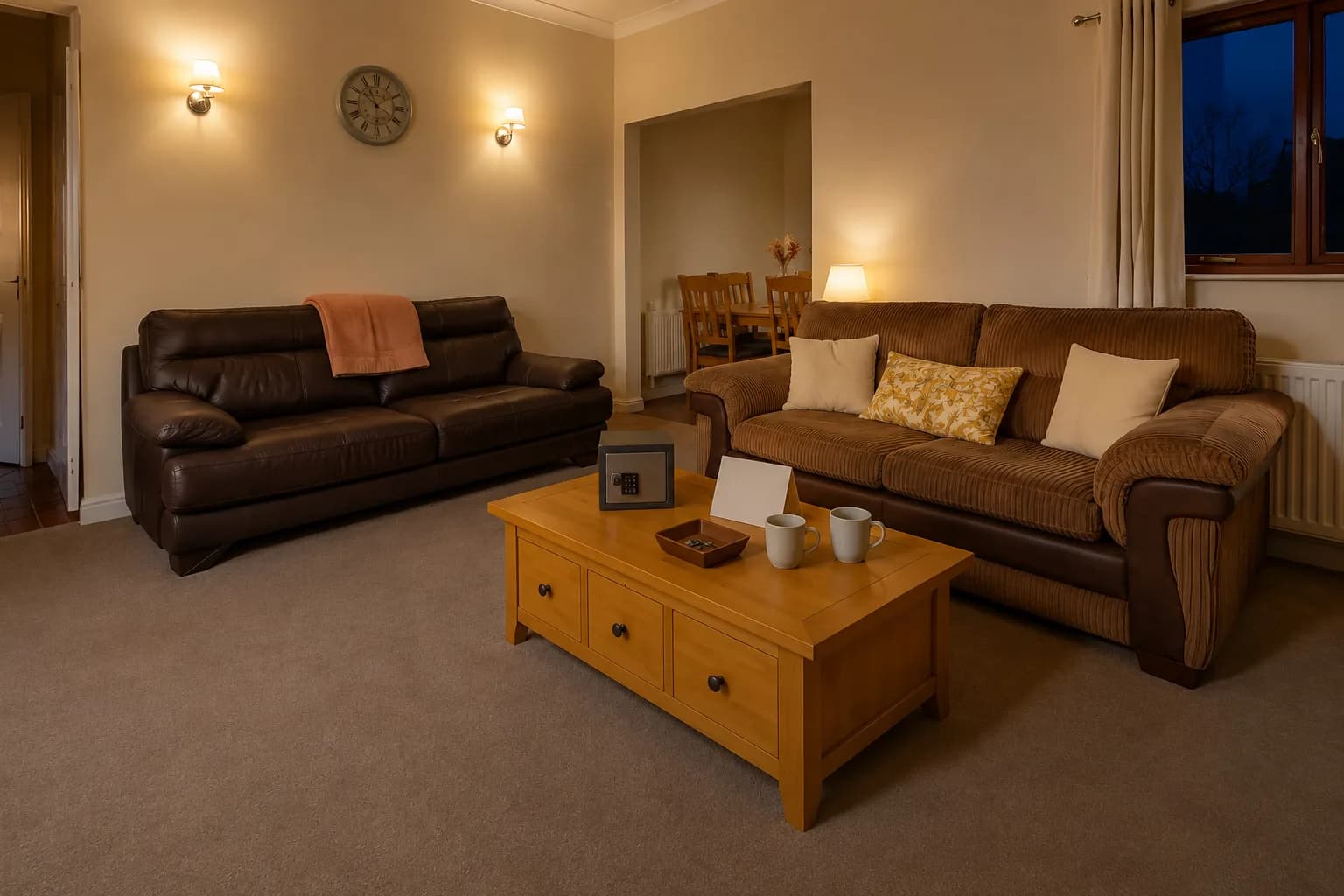 Living room at Mardon Holiday Home with the lamps left on for guests arriving late from the airport