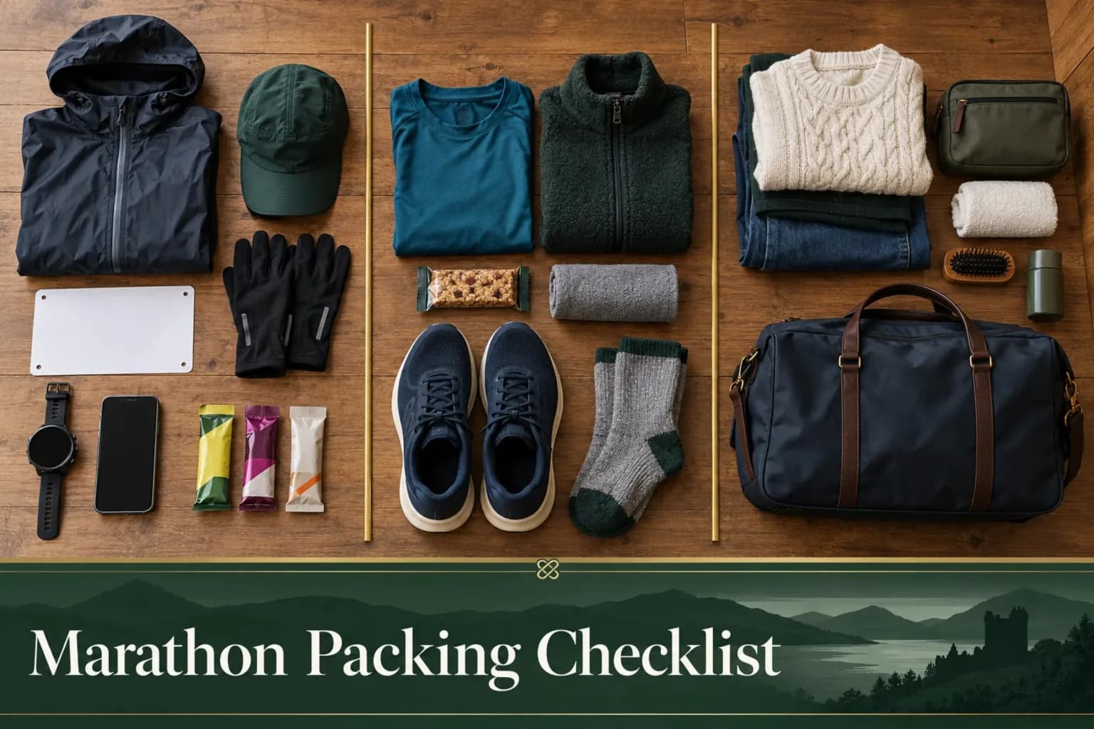 Loch Ness Marathon kit laid out in three groups for race morning, the finish bag and the journey home, a packing checklist from Mardon Holiday Home near Inverness