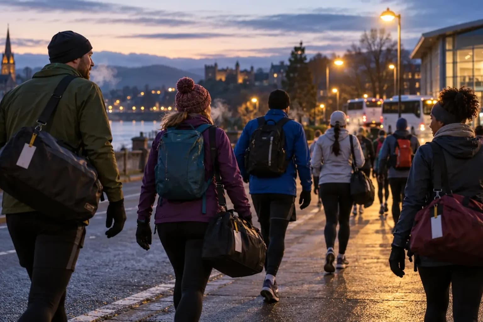 Runners walking before sunrise to the Loch Ness Marathon coaches at Inverness Ice Centre, a race weekend guide from Mardon Holiday Home near Inverness