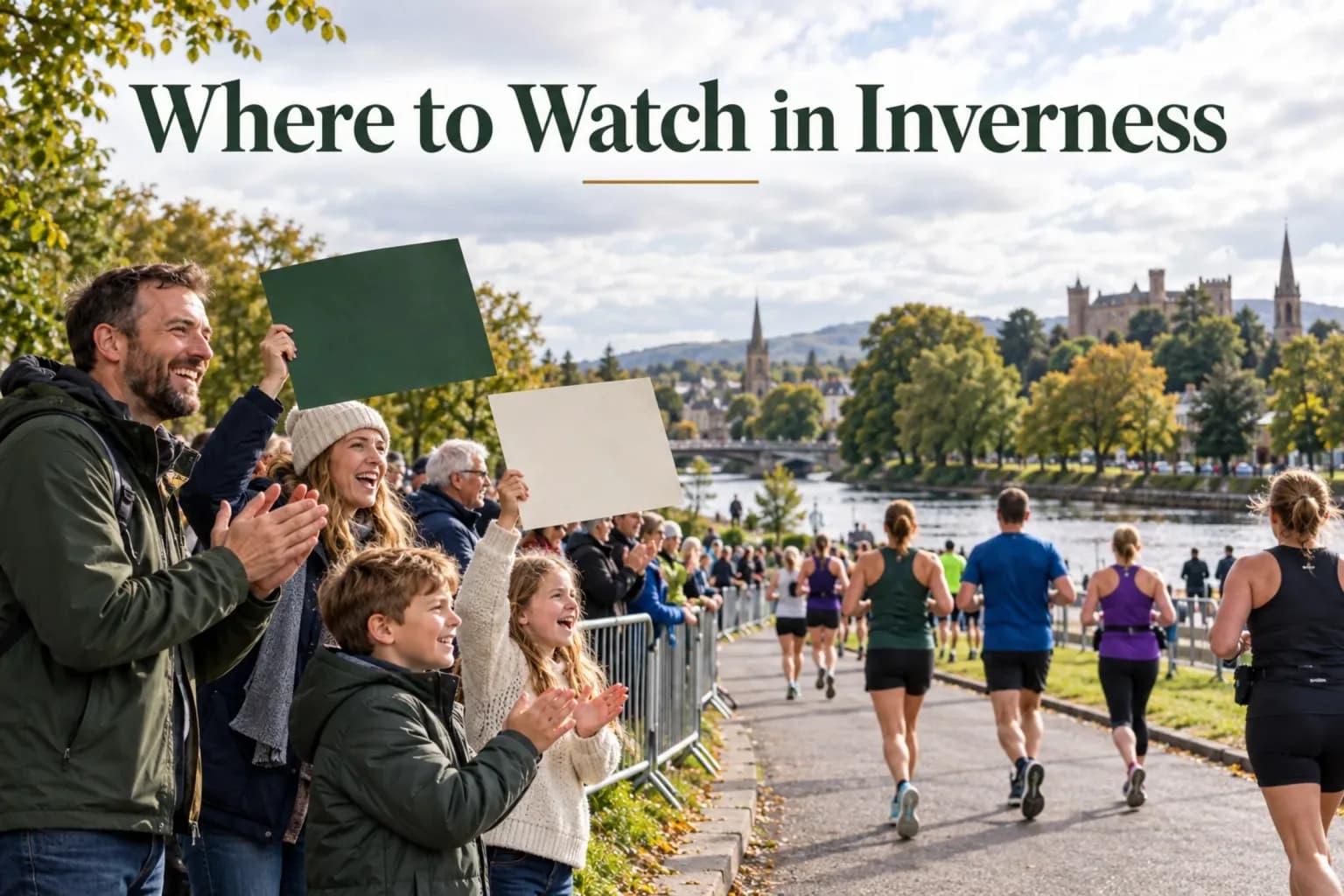 Supporters cheering Loch Ness Marathon runners beside the River Ness near the Bught Park finish in Inverness, a race guide from Mardon Holiday Home