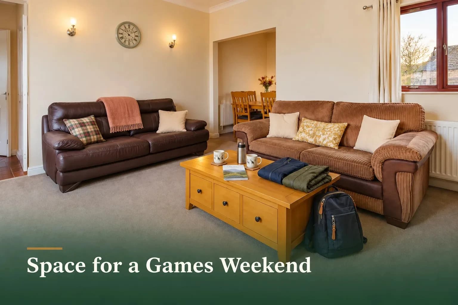 Main House living room with two sofas and a coffee table ready for a Highland Games weekend at Mardon Holiday Home, Milton of Culloden near Inverness