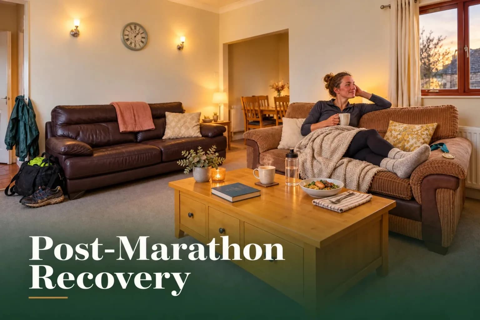 Runner resting on a sofa with a warm drink and a medal after the Loch Ness Marathon, recovering at self-catering accommodation near Inverness, a Mardon Holiday Home guide