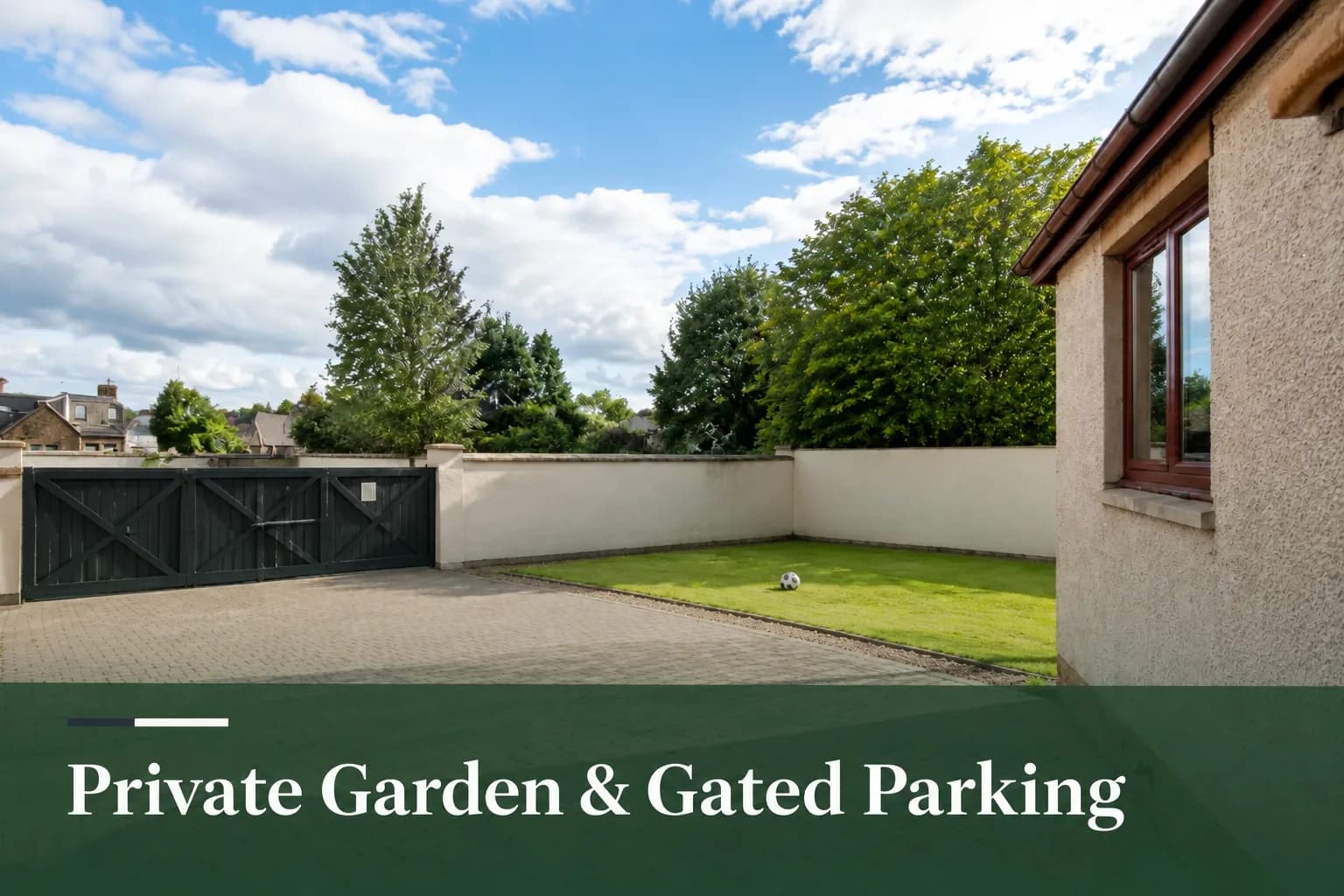 Private enclosed garden and free gated parking at family accommodation near Inverness, with a football on the lawn