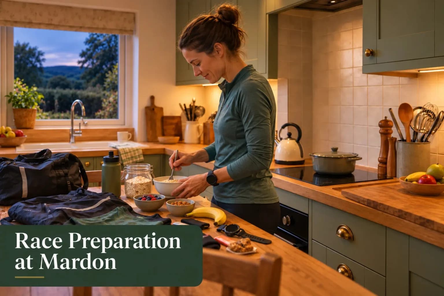 Runner preparing a race-morning breakfast of porridge and fruit in a self-catering kitchen before the Loch Ness Marathon, a Mardon Holiday Home guide from Milton of Culloden near Inverness
