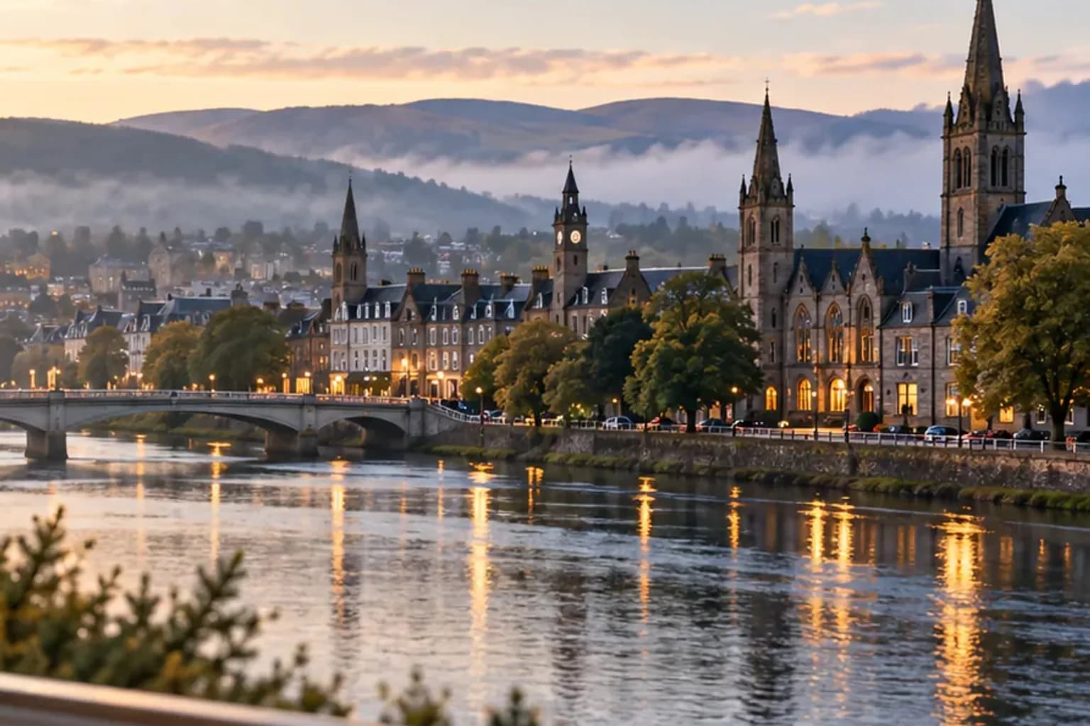 The River Ness and Inverness riverside at sunset, illustrating a Highland visitor levy guide from Mardon Holiday Home near Inverness