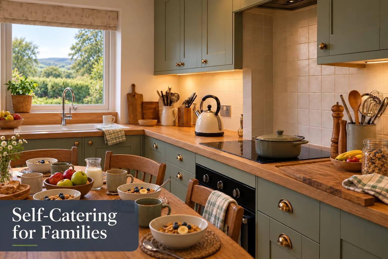 Family kitchen and dining table set for breakfast in a self-catering house near Inverness