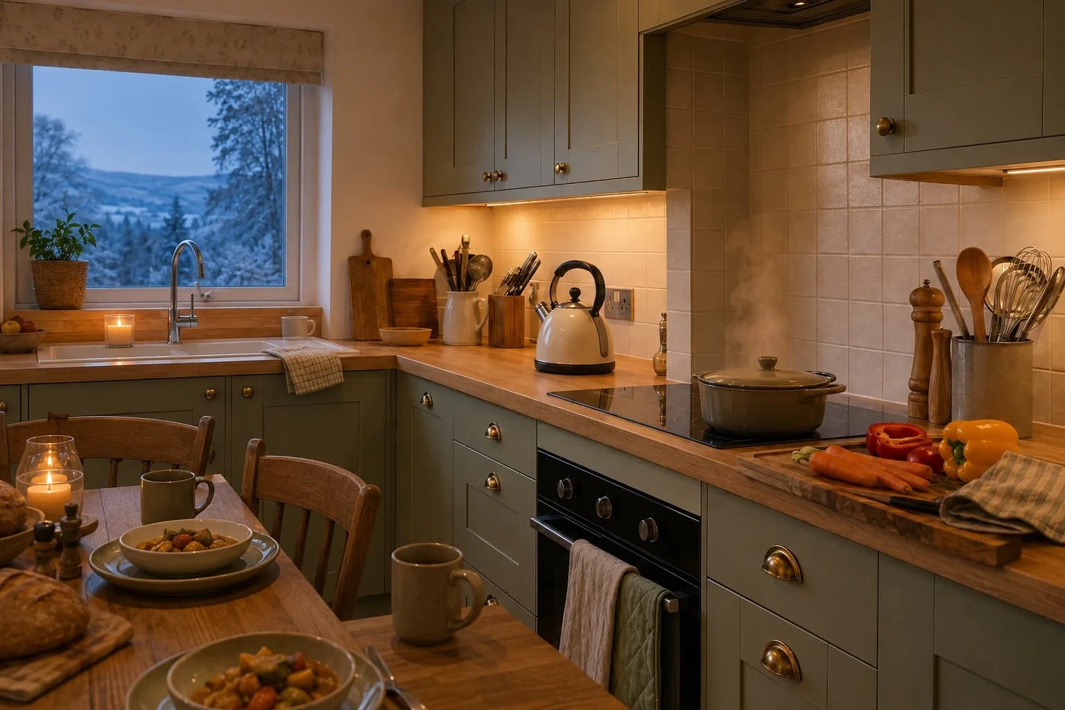 Kitchen and dining area of a self-catering holiday home near Inverness set up for a winter stay