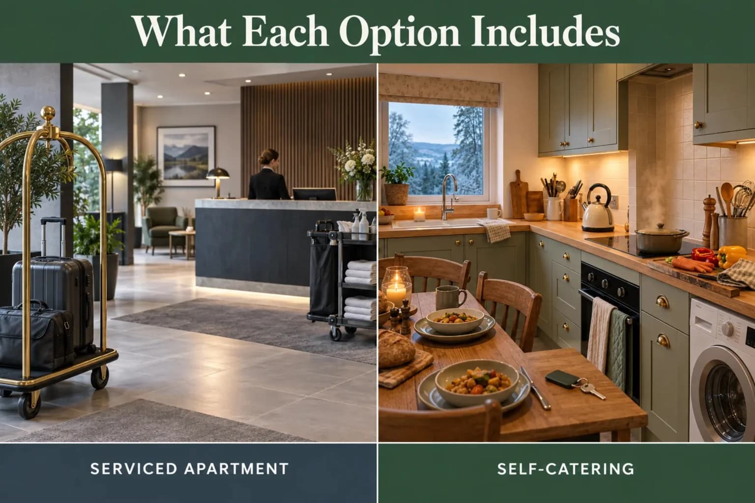 Side-by-side comparison of a serviced apartment lobby and a self-catering kitchen like those at Mardon Holiday Home near Inverness