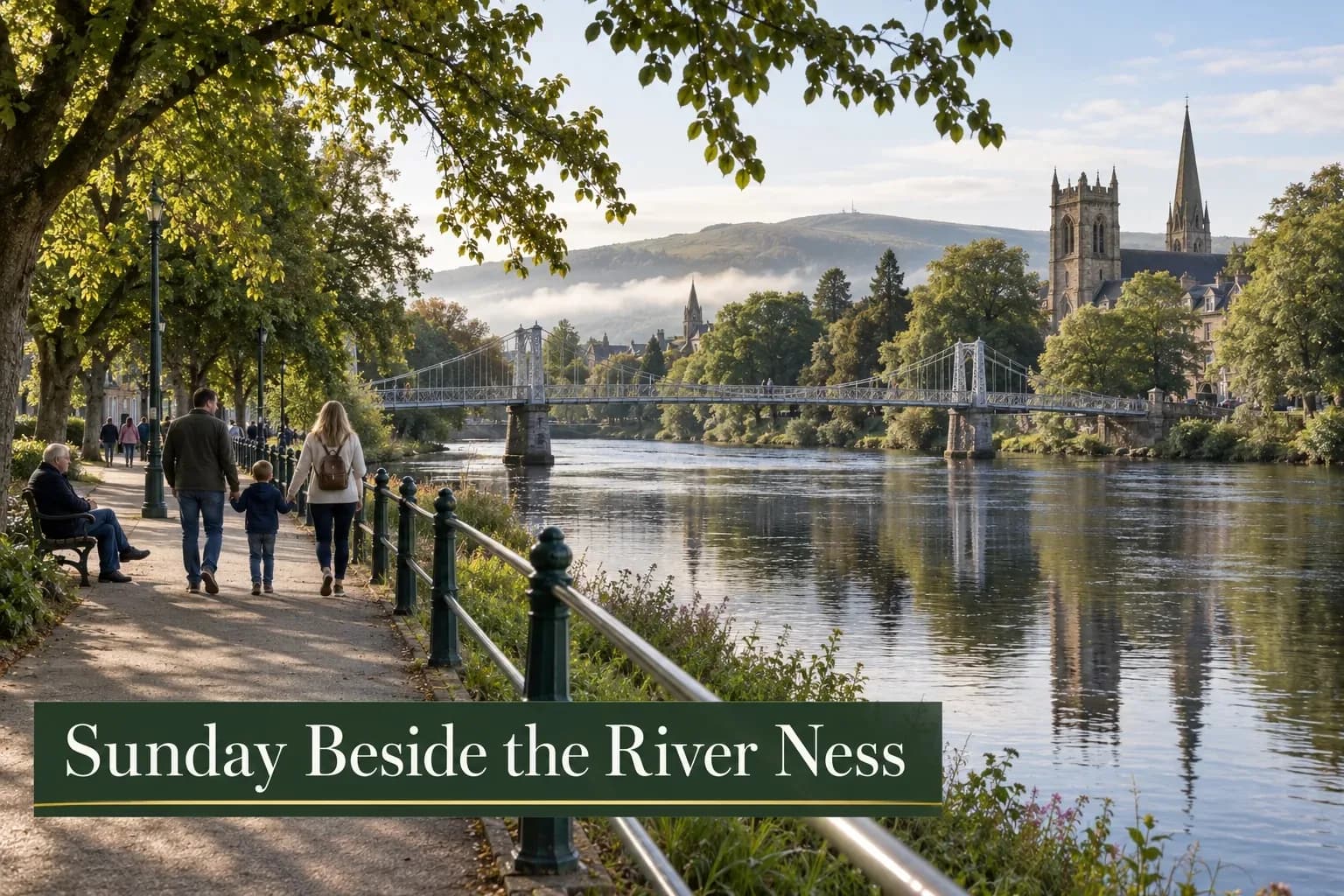 Family walking beside the River Ness in Inverness on a calm Sunday morning after the Inverness Highland Games, a Mardon Holiday Home guide