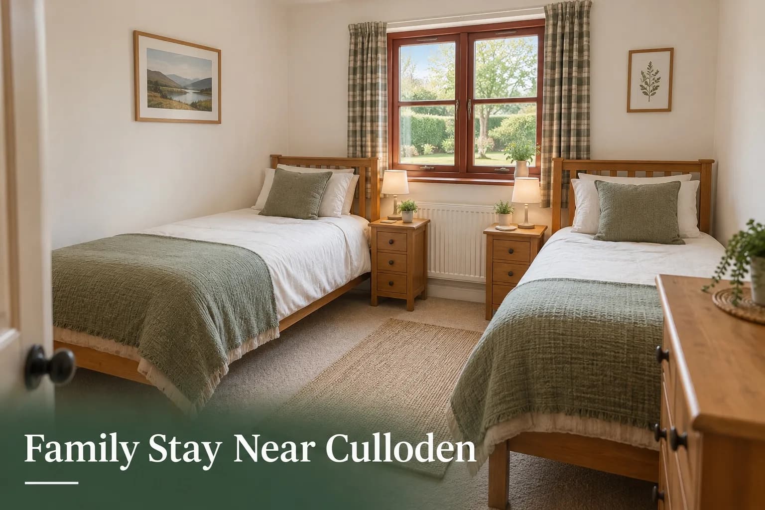 Twin bedroom with two single beds and a garden view at family accommodation near Inverness