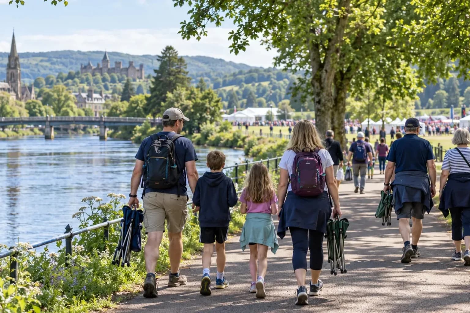 Family carrying folding chairs along the River Ness path to the Inverness Highland Games at Bught Park, a Mardon Holiday Home guide