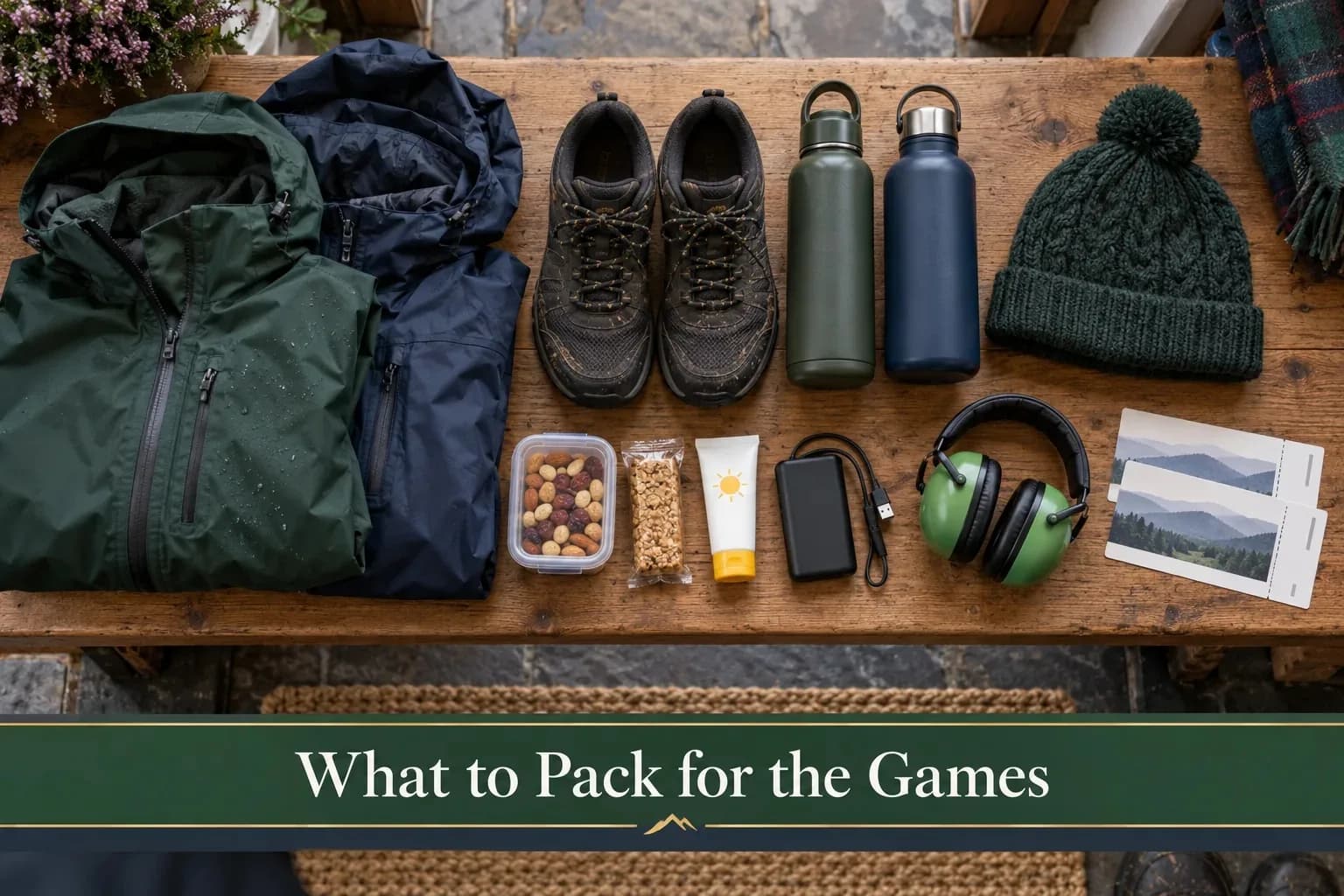 Waterproof jackets, walking shoes, water bottles, snacks, ear defenders and event tickets laid out on a bench before the Inverness Highland Games, a Mardon Holiday Home packing guide