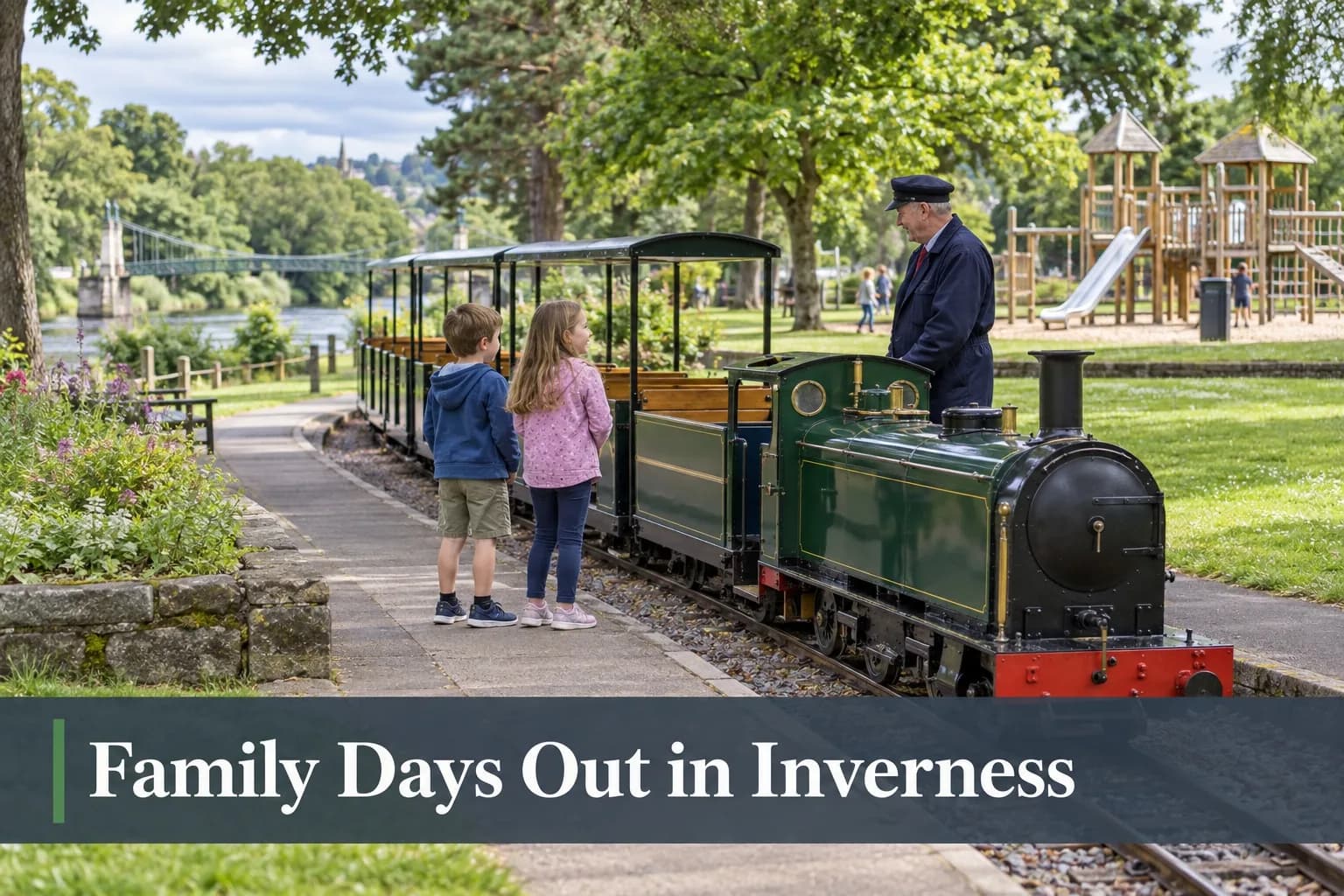 Children waiting to board the Ness Islands Railway at Whin Park in Inverness, with the playground behind