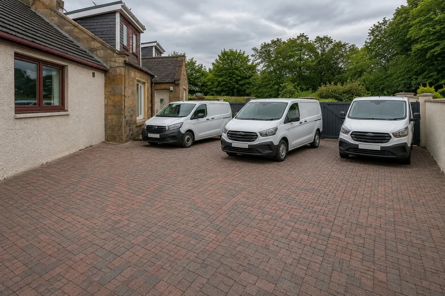 Work vans parked behind the gated entrance at Mardon Holiday Home, workforce accommodation near Inverness