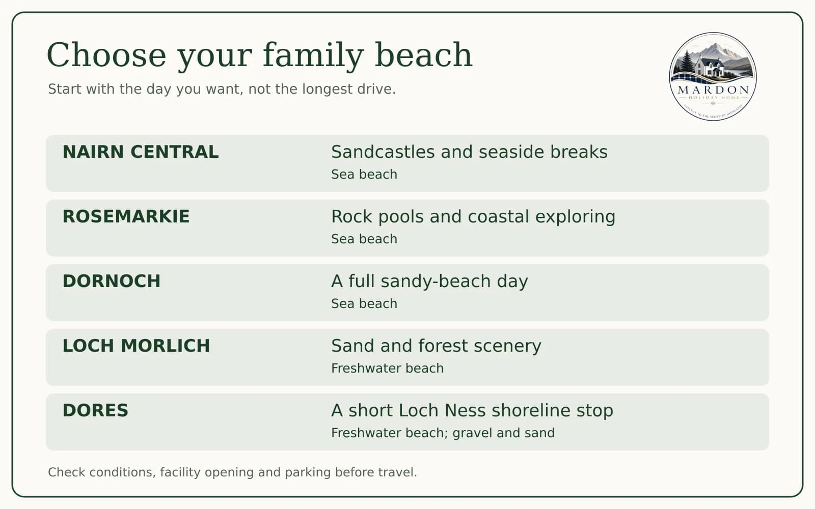 Choose your family beach near Inverness Beach chooser matching Nairn Central, Rosemarkie, Dornoch, Loch Morlich and Dores to the kind of family day each suits, by Mardon Holiday Home near Inverness