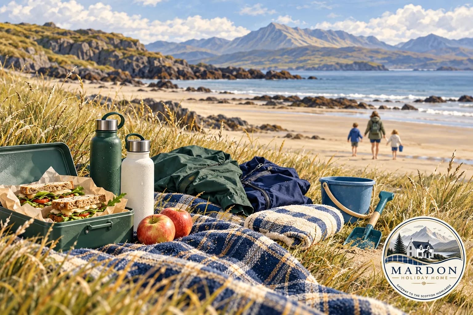 Pack for a Scottish beach day Illustrated beach picnic with waterproofs, bucket and spade above a Scottish sandy shore, a family day-trip idea from Mardon Holiday Home near Inverness