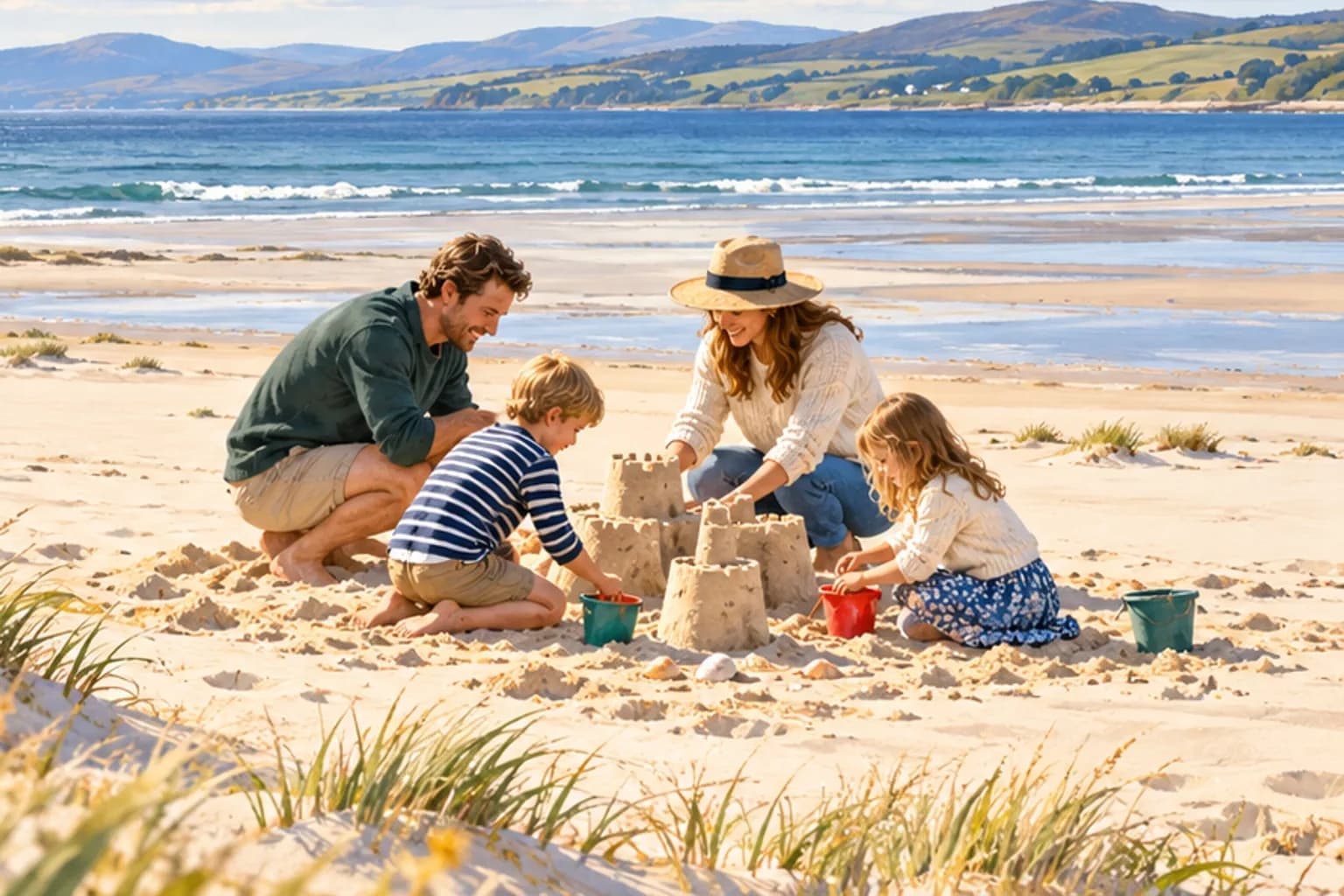 Mardon Holiday Home, Milton of Culloden, near Inverness Illustration of a family building sandcastles on a sandy Scottish beach, for a guide to the best beaches near Inverness from Mardon Holiday Home