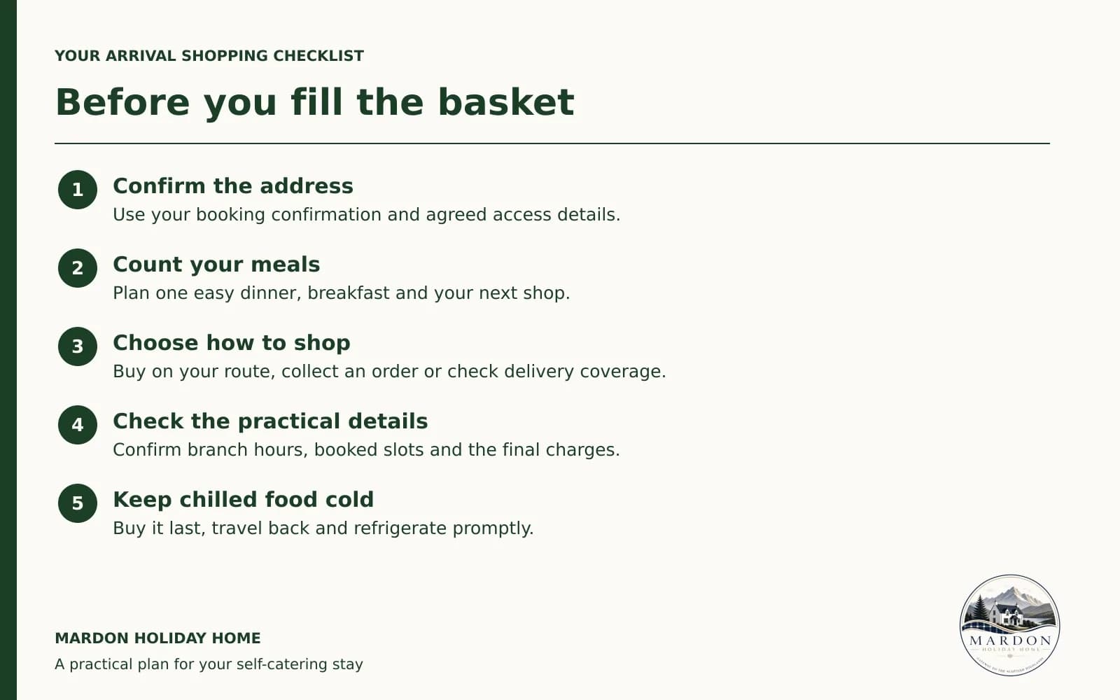 Your self-catering grocery checklist for Inverness Five-step checklist for planning a holiday grocery shop and keeping chilled food cold, by Mardon Holiday Home near Inverness