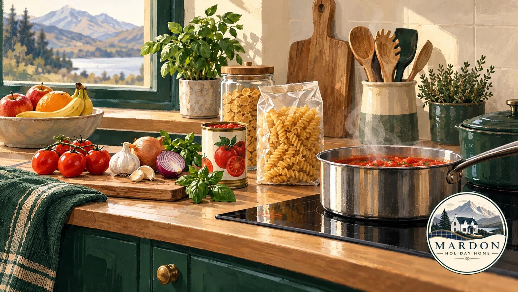 Keep the first-night meal simple on a self-catering stay Illustration of a simple pasta dinner and breakfast groceries on a holiday kitchen counter, from Mardon Holiday Home near Inverness