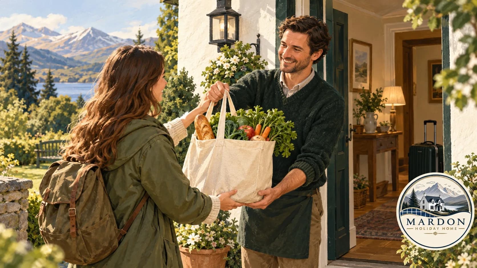 Plan grocery delivery for after check-in near Inverness Illustration of a visitor receiving a bag of groceries at a holiday home entrance near Inverness, from Mardon Holiday Home