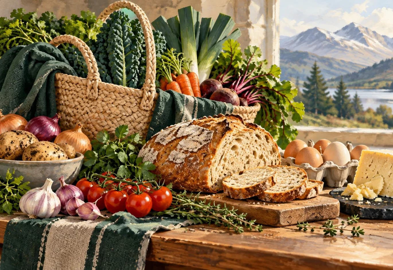 Mardon Holiday Home, Milton of Culloden, near Inverness Illustrated basket of vegetables, sourdough bread, eggs and cheese on a wooden counter beside a Highland view, for a groceries guide from Mardon Holiday Home near Inverness