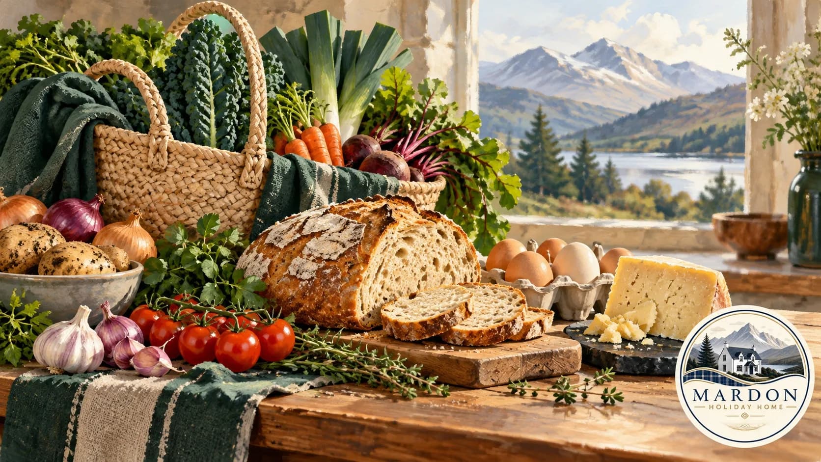 Local produce for your Inverness self-catering stay Illustrated basket of bread, eggs, cheese and seasonal vegetables beside a Highland view, for a local produce guide from Mardon Holiday Home near Inverness