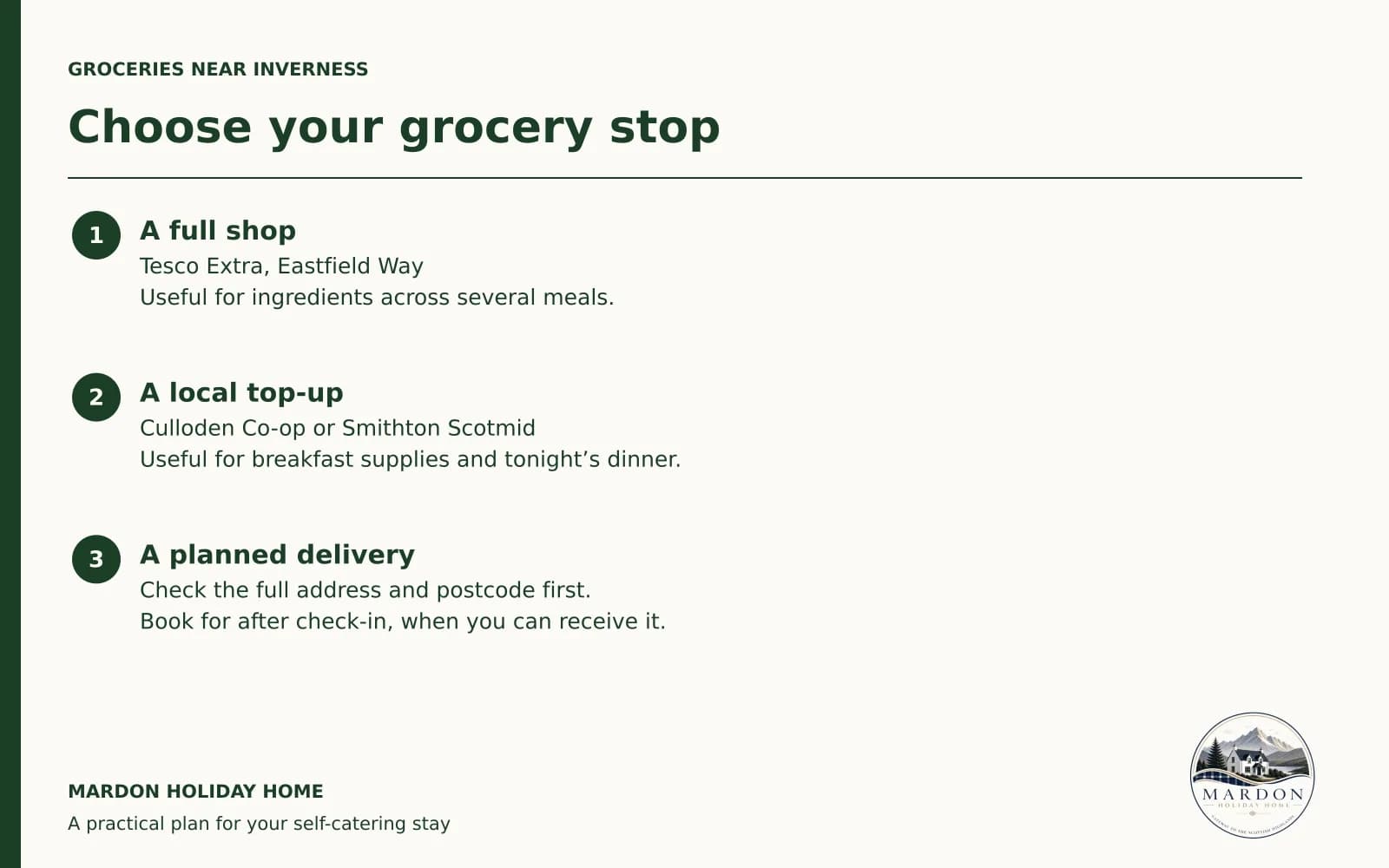 Choose the right grocery shopping option near Inverness Illustrated guide to choosing between a full supermarket shop, a local top-up and a planned grocery delivery for a self-catering stay near Inverness, by Mardon Holiday Home