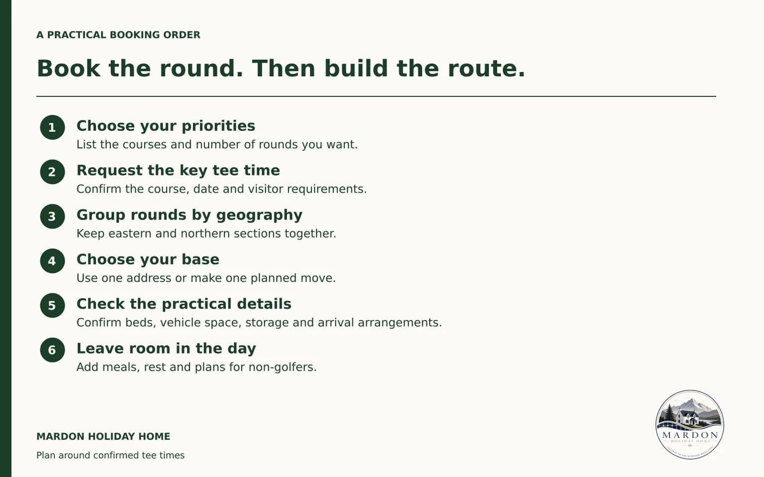 Book Your Highland Golf Trip in a Practical Order Six-step graphic showing the booking order from priority courses to accommodation and transport checks